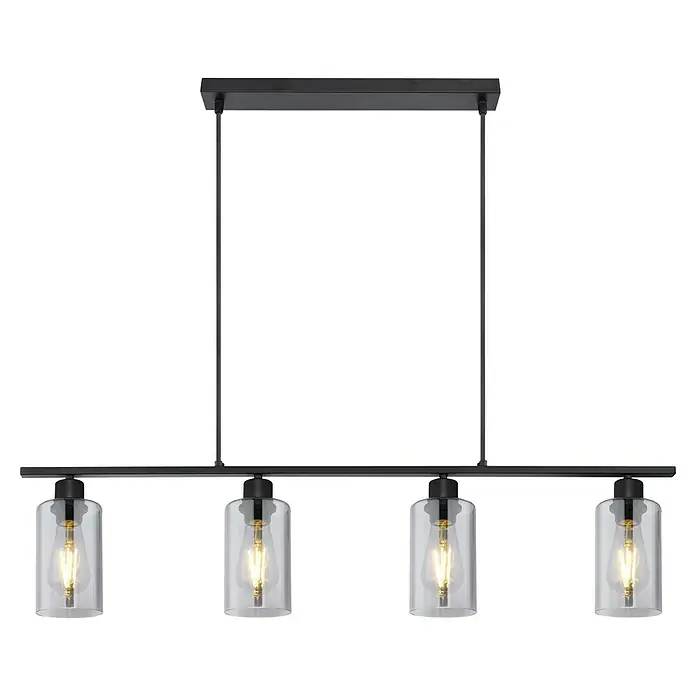 Globo Pendelleuchte Hadera - 60 W, L x B x H: 98 x 10 x 120 cm, E27 - Schwarz matte Leuchte mit vier Edison-Glühbirnen in klaren Glaskolben sorgt für stimmungsvolle Beleuchtung.