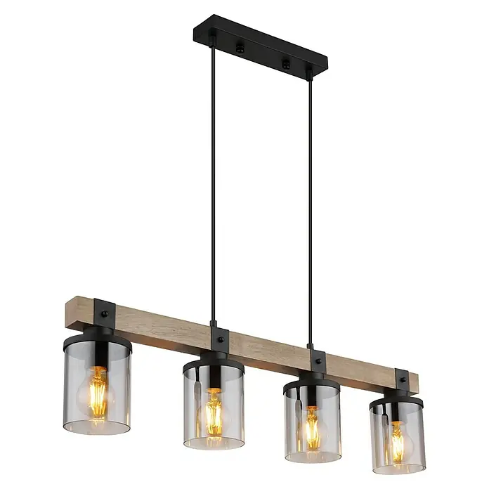 Globo Pendelleuchte Lila - 60 W, L x B x H: 73 x 10 x 133 cm, E27 - Elegante Pendelleuchte mit vier klaren Zylindern und rustikalem Holzbalken. Die Lampe sorgt für stimmungsvolles Licht.