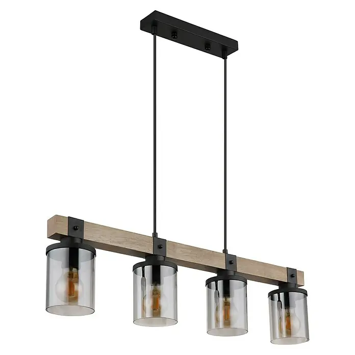 Globo Pendelleuchte Lila - 60 W, L x B x H: 73 x 10 x 133 cm, E27 - Eine Hängelampe mit vier Glaskolben und einem Holzträger sorgt für eine gemütliche Atmosphäre. Ideal für Esszimmer oder Wohnbereich.
