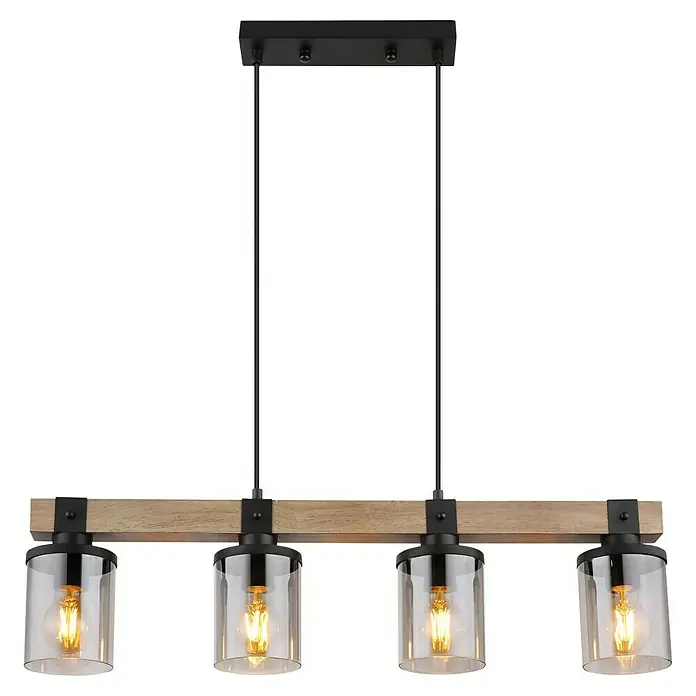 Globo Pendelleuchte Lila - 60 W, L x B x H: 73 x 10 x 133 cm, E27 - Eine rustikale Hängelampe mit vier klaren Glaszylindern und einem Holzbalken, ideal für Esszimmer oder Kücheninseln.