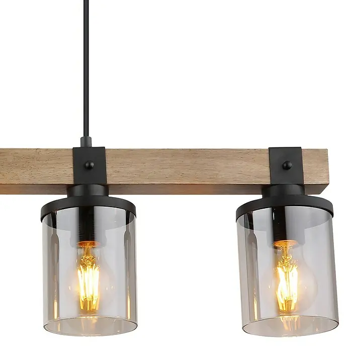 Globo Pendelleuchte Lila - 60 W, L x B x H: 73 x 10 x 133 cm, E27 - Eine rustikale Pendelleuchte mit zwei transparenten Glasschirmen und warm leuchtenden Glühbirnen, die von einem hölzernen Balken hängen.