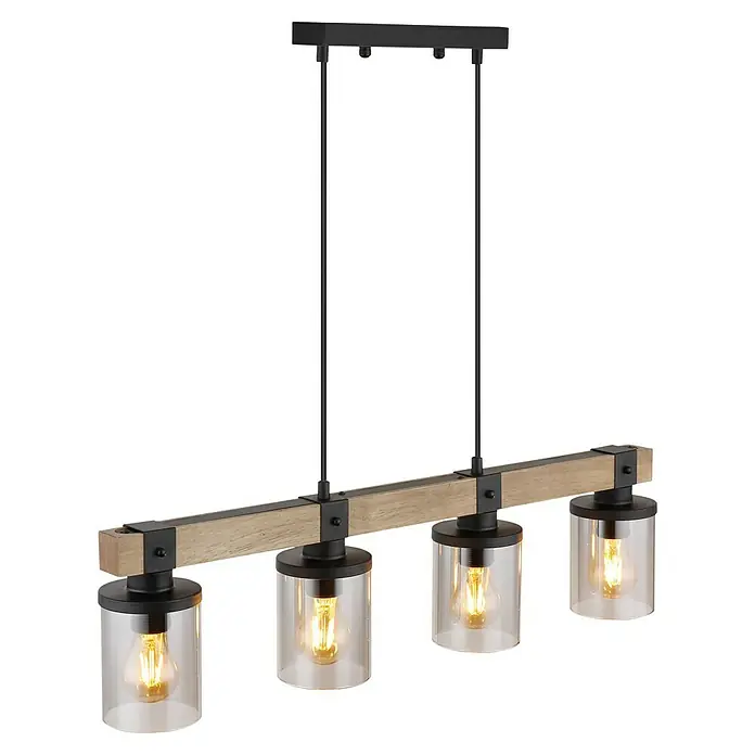 Globo Pendelleuchte Lila - 60 W, L x B x H: 73 x 10 x 133 cm, E27 - Eine moderne Pendelleuchte mit vier klaren Glaszylindern, befestigt an einem Holzbalken mit schwarzen Akzenten. Ideal für Esszimmer oder Kücheninseln.