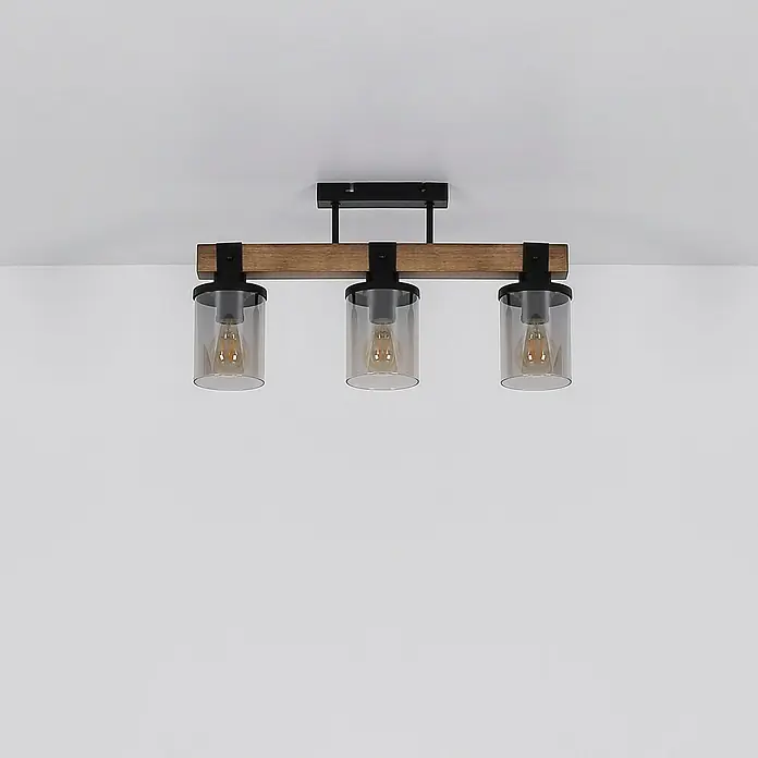 Globo Wandleuchte Lila - 60 W, Durchmesser: 100 mm, E27 - Deckenleuchte mit drei Glaslampen und Holzbalken. Das schlichte Design passt gut zu modernen und rustikalen Einrichtungsstilen.
