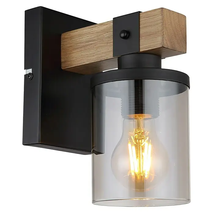 Globo Wandleuchte Lila - 60 W, Durchmesser: 100 mm, E27 - Wandleuchte mit Holzdetails und transparentem Glasschirm, ideal für eine stilvolle Beleuchtung.