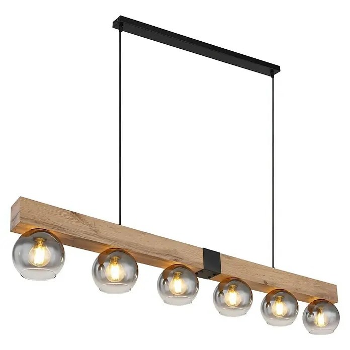 Globo Pendelleuchte Moitas - 40 W, L x B x H: 140 x 15 x 120 cm, Anzahl Leuchtmittel: 6 Stk., E27 - Eine rustikale Pendelleuchte mit Holzbalken und sechs Glaskugeln mit Glühbirnen, die eine warme Atmosphäre schaffen.