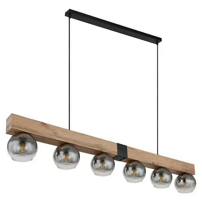 Globo Pendelleuchte Moitas - 40 W, L x B x H: 140 x 15 x 120 cm, Anzahl Leuchtmittel: 6 Stk., E27 - Moderne Hängelampe mit Holzbalken und sechs Glaskugeln, die ein stilvolles Ambiente schafft. Ideal für Esszimmer und Wohnbereiche.