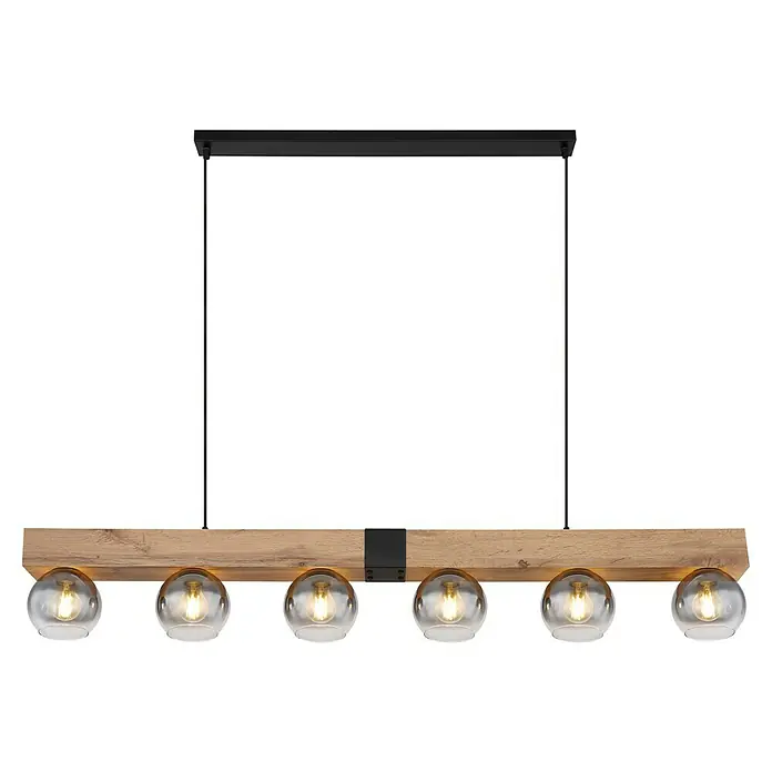 Globo Pendelleuchte Moitas - 40 W, L x B x H: 140 x 15 x 120 cm, Anzahl Leuchtmittel: 6 Stk., E27 - Rustikale Balkenpendelleuchte mit sechs Glaskugeln und dekorativen Glühbirnen. Perfekt für Esszimmer oder Wohnzimmer.