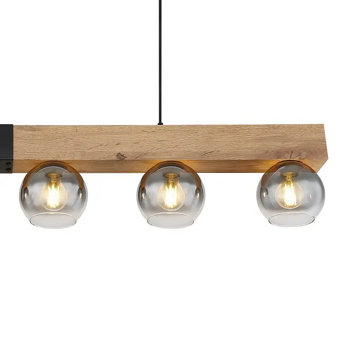 Globo Pendelleuchte Moitas - 40 W, L x B x H: 140 x 15 x 120 cm, Anzahl Leuchtmittel: 6 Stk., E27 - Diese Hängelampe verfügt über einen Holzbalken mit schwarzen Beschlägen und drei Glaskugeln, die ein warmes Licht ausstrahlen.