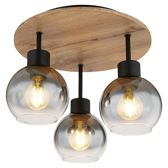 Globo Deckenleuchte Moitas - 40 W, Ø x H: 380 cm x 300 mm, Schwarz, E27 - Deckenleuchte mit drei Glaslampenschirmen und Holzelementen. Die Lampe spendet warmes Licht und ist ein Hingucker in jedem Raum.