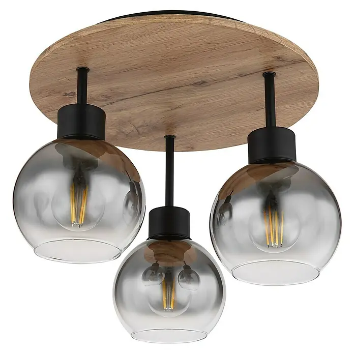 Globo Deckenleuchte Moitas - 40 W, Ø x H: 380 cm x 300 mm, Schwarz, E27 - Deckenleuchte mit drei runden Glasschirmen und einem hölzernen Sockel. Das moderne Design passt gut in verschiedene Einrichtungsstile.