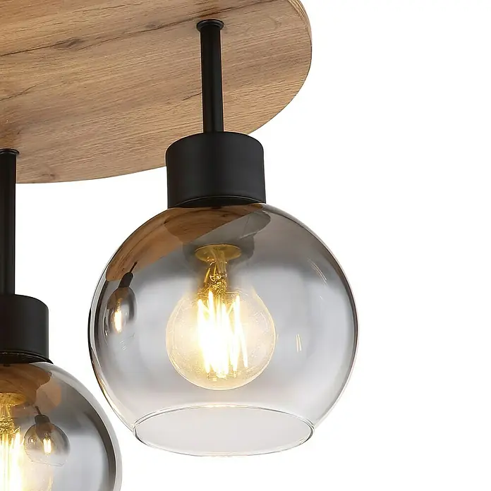 Globo Deckenleuchte Moitas - 40 W, Ø x H: 380 cm x 300 mm, Schwarz, E27 - Elegante Deckenleuchte mit Holzdetails und Glaskugeln, die ein warmes Licht verbreiten. Perfekt für ein stilvolles Ambiente.