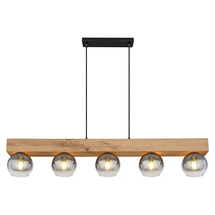 Globo Pendelleuchte Moitas - 40 W, L x B x H: 115 x 15 x 120 cm, Anzahl Leuchtmittel: 5 Stk., E27 - Holz-Hängeleuchte mit fünf Glaskugeln und warmem Licht. Die rustikale Lampe sorgt für eine gemütliche Atmosphäre im Raum.