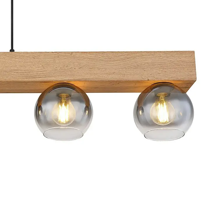 Globo Pendelleuchte Moitas - 40 W, L x B x H: 115 x 15 x 120 cm, Anzahl Leuchtmittel: 5 Stk., E27 - Eine moderne Pendelleuchte mit zwei Glaskugeln an einem Holzbalken, die warmes Licht spenden.