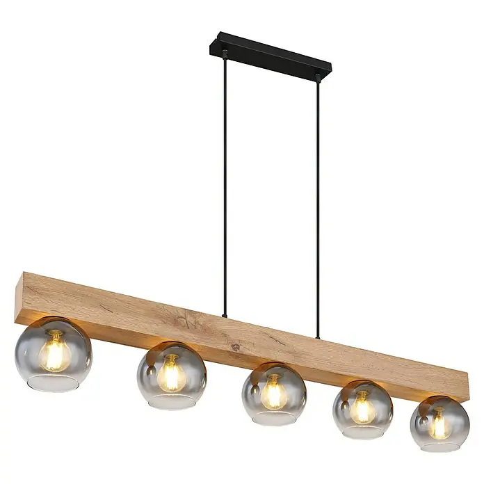 Globo Pendelleuchte Moitas - 40 W, L x B x H: 115 x 15 x 120 cm, Anzahl Leuchtmittel: 5 Stk., E27 - Hängelampe mit fünf Glaskugeln und einem Holzbalken, ideal für Esszimmer.