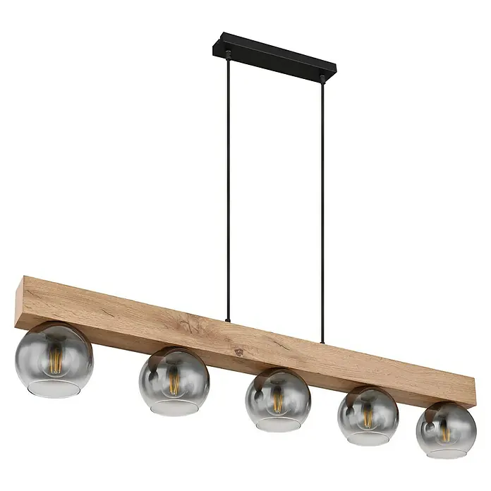 Globo Pendelleuchte Moitas - 40 W, L x B x H: 115 x 15 x 120 cm, Anzahl Leuchtmittel: 5 Stk., E27 - Pendelleuchte mit Holz und Glaskugeln. Die Lampe hat ein modernes Design und ist ideal für Esszimmer oder Wohnzimmer.