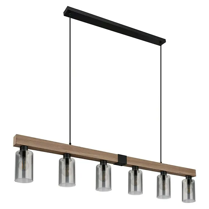 Globo Pendelleuchte Hadera - 60 W, L x B x H: 1.400 x 100 x 1.200 mm, Schwarz, E27 - Eine stilvolle Pendelleuchte mit sechs Glaslampen und einem Holzbalken, ideal für moderne Esszimmer.