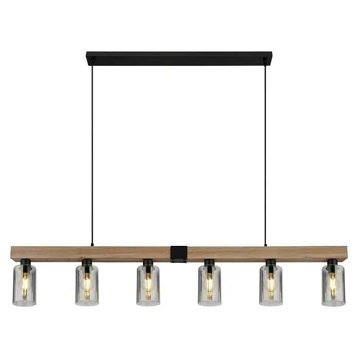 Globo Pendelleuchte Hadera - 60 W, L x B x H: 1.400 x 100 x 1.200 mm, Schwarz, E27 - Pendelleuchte mit sechs Glühbirnen, Holzdetails und schwarzer Aufhängung für eine stilvolle Beleuchtung im Raum.