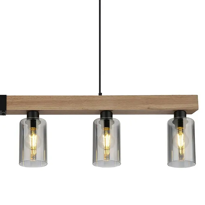 Globo Pendelleuchte Hadera - 60 W, L x B x H: 1.400 x 100 x 1.200 mm, Schwarz, E27 - Moderne Pendelleuchte mit drei klaren Glaslampenschirmen und einem Holzbalken. Stilvolle Beleuchtung für Ihr Zuhause.