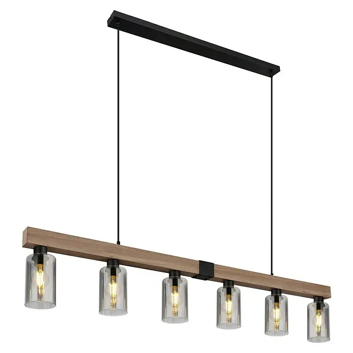 Globo Pendelleuchte Hadera - 60 W, L x B x H: 1.400 x 100 x 1.200 mm, Schwarz, E27 - Moderne Pendelleuchte mit sechs Lampen in klarem Glas und Holzoptik für ein stilvolles Ambiente.