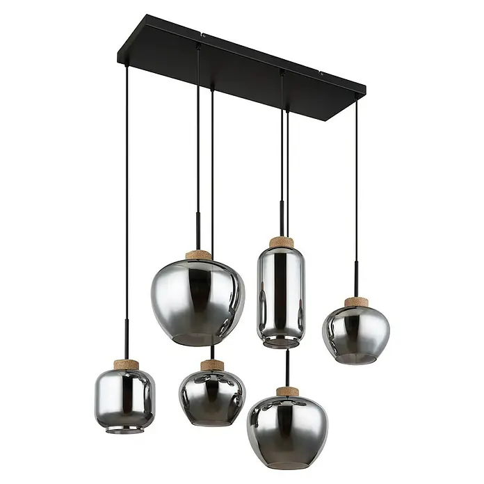 Globo Pendelleuchte Matt - 40 W, L x B x H: 800 x 400 x 1.200 mm, E27 - Moderne Pendelleuchte mit sechs silbernen Glasschirmen und dekorativen Hanfdetails, die ein stilvolles Ambiente schafft.