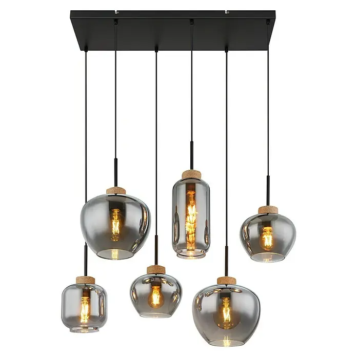 Globo Pendelleuchte Matt - 40 W, L x B x H: 800 x 400 x 1.200 mm, E27 - Elegante Pendelleuchte mit sechs rauchfarbenen Glaslampenschirmen und dekorativen Hanfseil-Details. Ein stilvolles Beleuchtungselement.