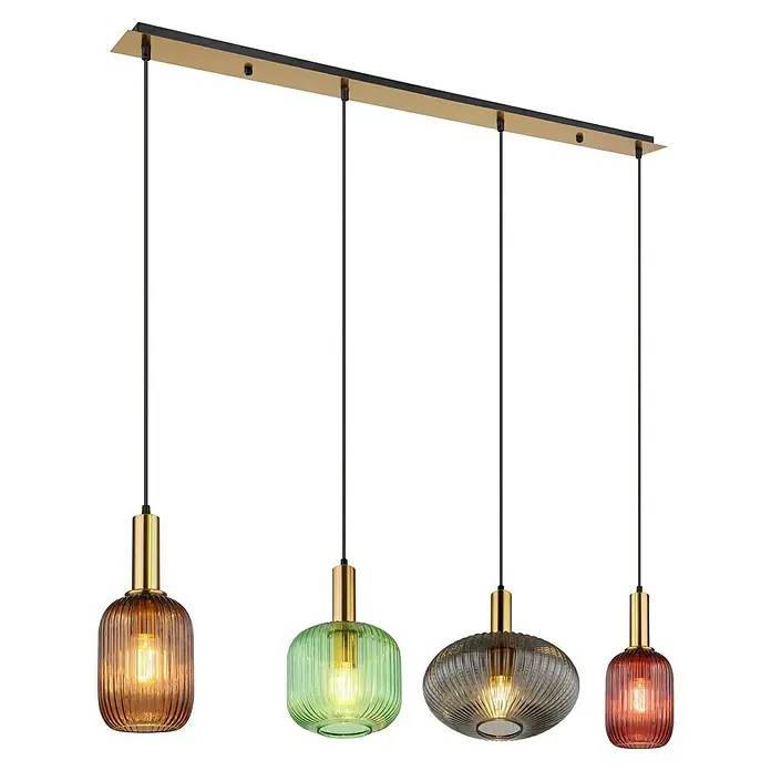 Globo Pendelleuchte Normy - 60 W, L x B x H: 115 x 30 x 120 cm, Anzahl Leuchtmittel: 4 Stk., Mehrfarbig, E27 - Stilvolle Pendelleuchte mit farbigen Glasschirmen und goldener Aufhängung für eine elegante Beleuchtung.