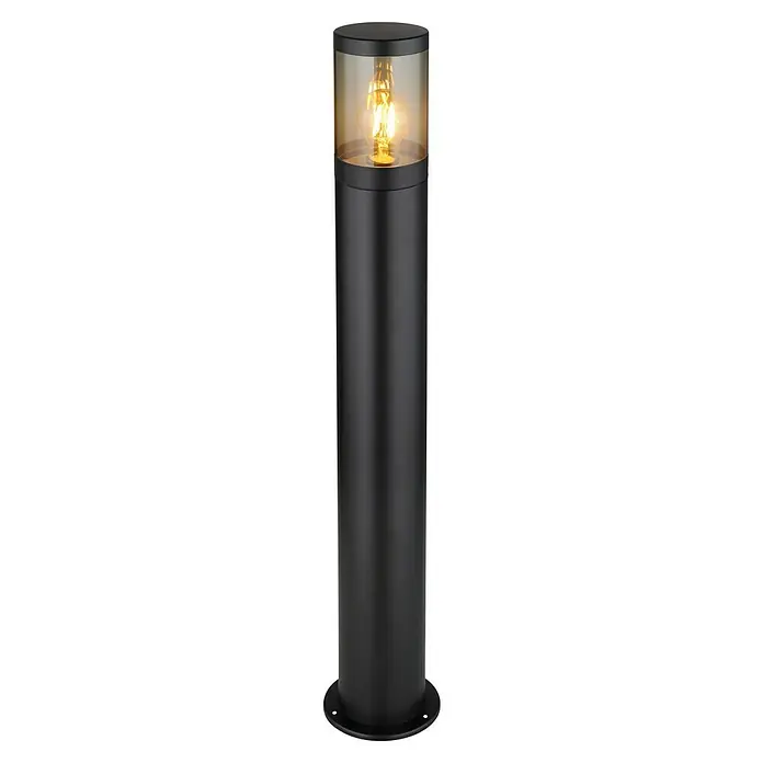 Globo Außenwegeleuchte Xeloo - Ø x H: 14 x 80 cm, E27, 60 W - Eine moderne, zylindrische Außenleuchte in Schwarz mit einem dekorativen, bernsteinfarbenen Glaseinsatz, ideal für die Beleuchtung von Wegen und Gärten.