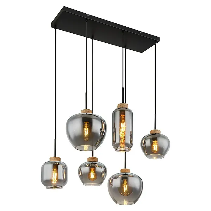 Globo Pendelleuchte Matt - 40 W, L x B x H: 800 x 400 x 1.200 mm, E27 - Elegante Hängelampe mit sechs Glaskörpern und dekorativen Seildetails, die warmes Licht verbreitet und eine stilvolle Atmosphäre schafft.