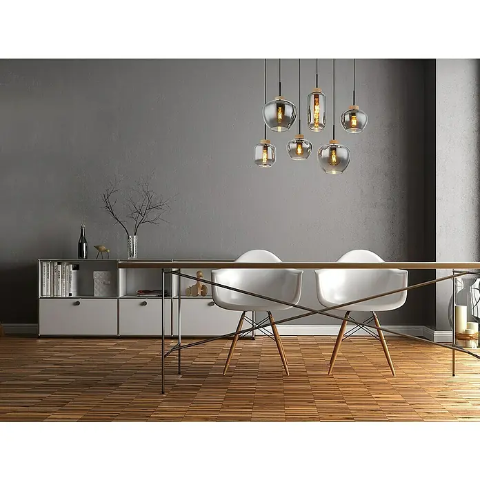 Globo Pendelleuchte Matt - 40 W, L x B x H: 800 x 400 x 1.200 mm, E27 - Diese Aufnahme zeigt eine stilvolle Pendelleuchte, die ein modernes Esszimmer mit klarem Design und warmem Licht akzentuiert.