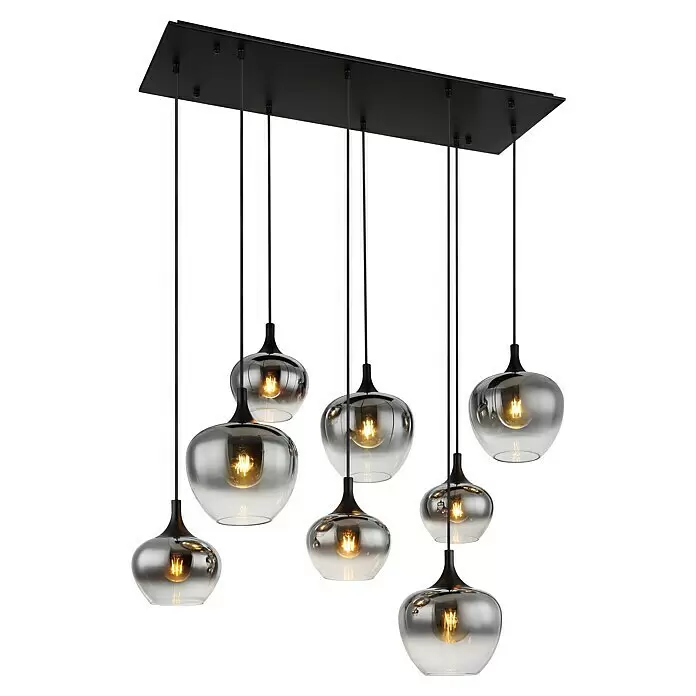 Globo Lámpara colgante Maxy - 40 W, L x An x Al: 105 x 45 x 120 cm, E27 - Lámpara colgante rectangular negra de varias luces con pantallas de cristal claro/ahumado y bombillas iluminadas.
