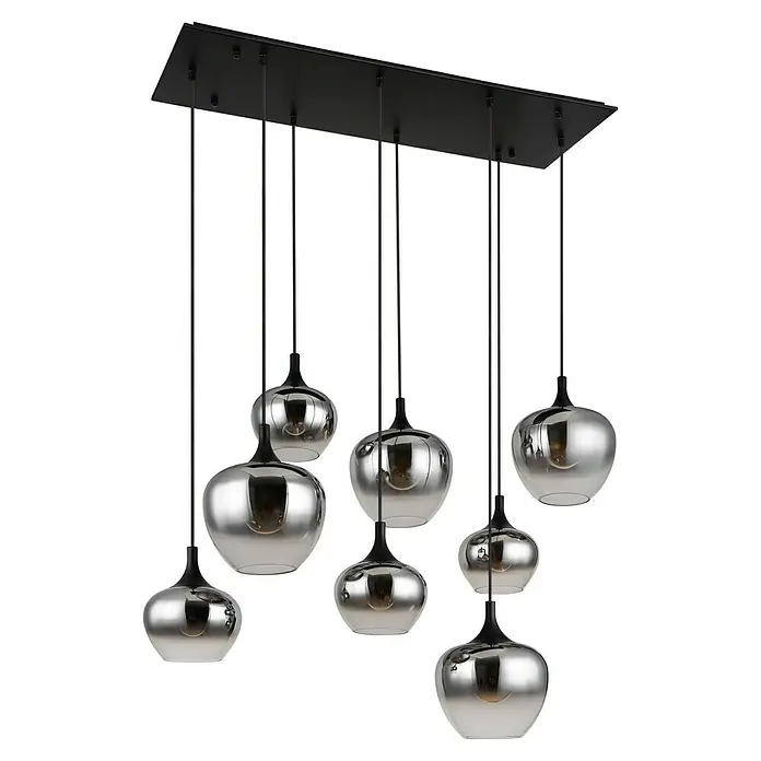 Globo Lámpara colgante Maxy - 40 W, L x An x Al: 105 x 45 x 120 cm, E27 - Lámpara colgante con siete pantallas de vidrio color plata. La lámpara tiene una suspensión negra rectangular y cables negros delgados.
