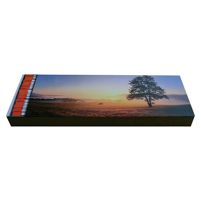Lienbacher Ofenzubehör-Set - 5 -tlg., Geeignet für: Kaminöfen - Zündholzschachtel mit einem Bild einer einsamen Silhouette eines Baumes bei Sonnenaufgang, perfekt für Outdoor-Enthusiasten.