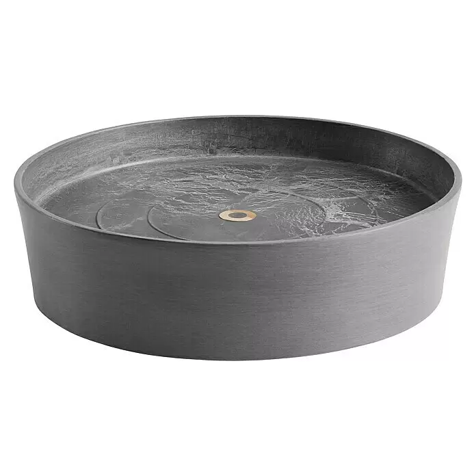 Ecopots Amsterdam Blumentopf-Untersetzer mit Rollen - Außenmaß (Ø x H): 28,7 x 8,3 cm, Kunststoff, Grau - Rundes dunkelgraues Becken mit strukturierter Innenseite und goldenem Mittelablauf.