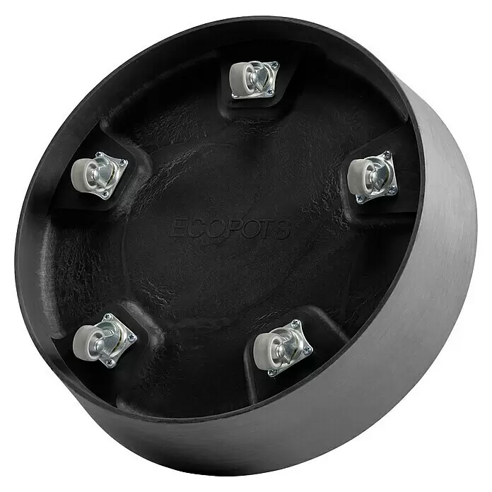 Ecopots Amsterdam Blumentopf-Untersetzer mit Rollen - Außenmaß (Ø x H): 34,1 x 9 cm, Kunststoff, Dunkelgrau - Schwarzer runder Pflanztopfuntersetzer mit fünf grauen Rollen an der Unterseite.