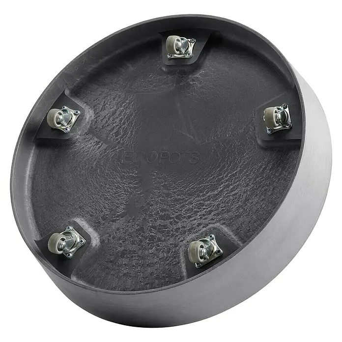 Ecopots Amsterdam Blumentopf-Untersetzer mit Rollen - Außenmaß (Ø x H): 41,6 x 9 cm, Kunststoff, Grau - Ansicht von unten des runden ÜBERTOPF mit fünf Rollen für einfache Mobilität. Ideal für Pflanzenliebhaber, die Flexibilität schätzen.