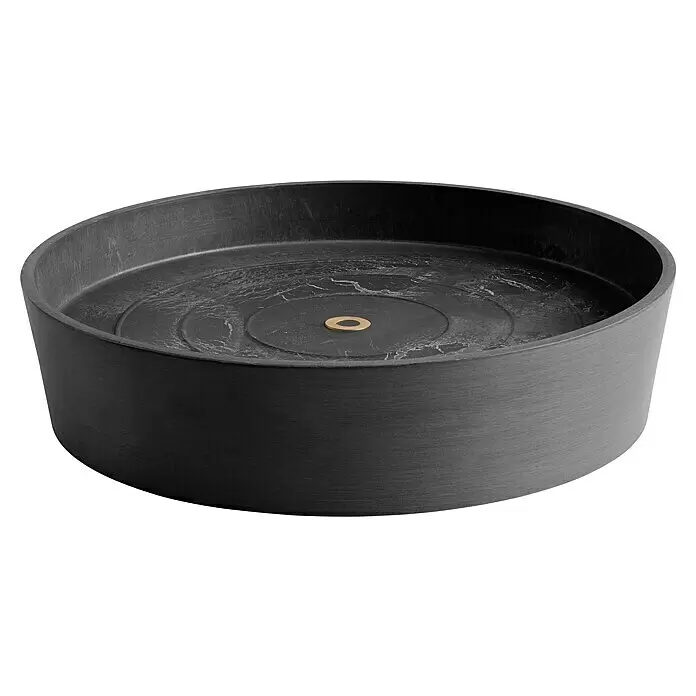 Ecopots Amsterdam Blumentopf-Untersetzer mit Rollen - Außenmaß (Ø x H): 34,1 x 9 cm, Kunststoff, Dunkelgrau - Dunkelgrauer runder Pflanzgefäßuntersetzer mit goldener Ablassscheibe.
