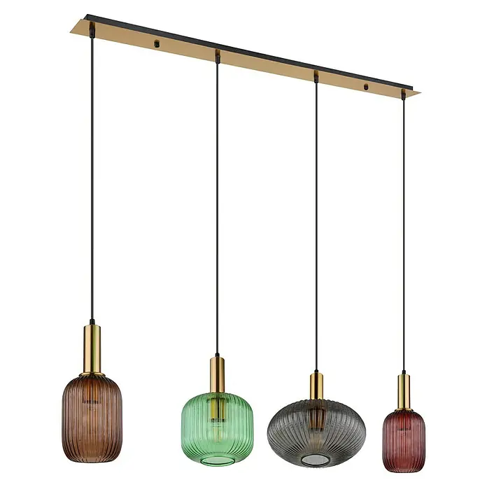 Globo Pendelleuchte Normy - 60 W, L x B x H: 115 x 30 x 120 cm, Anzahl Leuchtmittel: 4 Stk., Mehrfarbig, E27 - Eine elegante Hängeleuchte mit vier bunten Glasschirmen und goldenen Akzenten. Sie sorgt für stilvolle Beleuchtung im Raum.