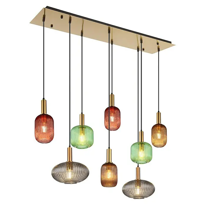 Globo Pendelleuchte Normy - 60 W, L x B x H: 1.250 x 480 x 1.250 mm, Anzahl Leuchtmittel: 8 Stk., Mehrfarbig, E27 - Diese Pendelleuchte besticht durch ihr mehrfarbiges Glas und das elegante goldene Finish. Ein echter Hingucker für jeden Raum.