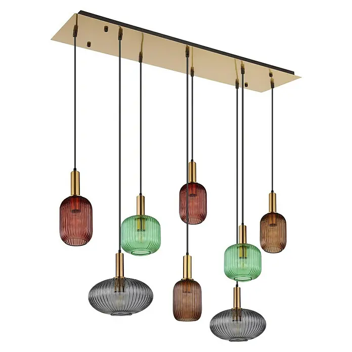 Globo Pendelleuchte Normy - 60 W, L x B x H: 1.250 x 480 x 1.250 mm, Anzahl Leuchtmittel: 8 Stk., Mehrfarbig, E27 - Diese Hängeleuchte mit bunten Glaslampenschirmen sorgt für eine stilvolle Beleuchtung. Das goldfarbene Gestell bietet einen eleganten Kontrast.