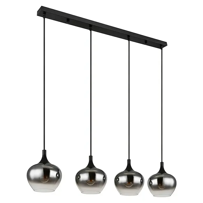 Globo Pendelleuchte Maxy - 40 W, Ø x H: 48 x 120 cm, 3-Strahlig, E27 - Elegante Pendelleuchte mit vier rauchgrauen Glasschirmen und schwarzer Aufhängung, ideal für Esszimmer oder Wohnbereich.