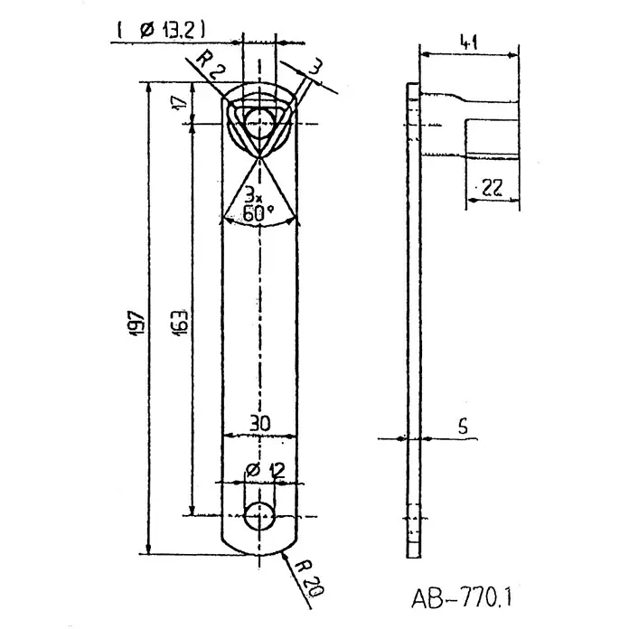 Stabilit Dreikantschlüssel - Dornmaß: 17 mm - Technische Zeichnung eines Werkzeugs mit Bemaßungen, Ansichten von vorne und der Seite, Details zu Bohrungen und Radien.