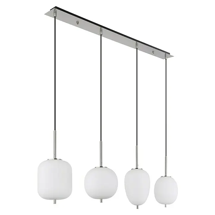 Globo LED-Pendelleuchte Blacky I - 40 W, Anzahl Leuchtmittel: 4 Stk., L x B x H: 110 x 18,5 x 120 cm, E14, Weiß - Pendelleuchte mit vier weißen Glasschirmen und einer rechteckigen, silbernen Halterung für eine moderne Beleuchtung des Raumes.