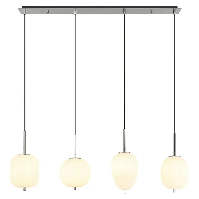 Globo LED-Pendelleuchte Blacky I - 40 W, Anzahl Leuchtmittel: 4 Stk., L x B x H: 110 x 18,5 x 120 cm, E14, Weiß - Moderne Pendelleuchte mit vier opalweißen Glasschirmen und Chromdetails für eine elegante Beleuchtung im Raum.