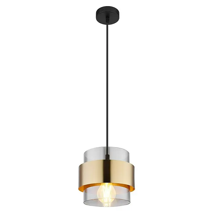 Globo Pendelleuchte Milley - 60 W, Ø x H: 18 x 120 cm, E27 - Eine moderne Hängeleuchte mit einem goldenen Ring in der Mitte, umgeben von transparentem Glas, beleuchtet von einer warmen Glühbirne.