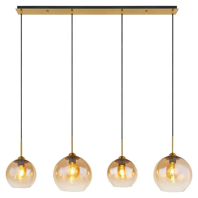 Globo Pendelleuchte Jamessa - 60 W, L x B x H: 120 x 25 x 120 cm, E27 - Elegante Pendelleuchte mit vier bernsteinfarbenen Glaskugeln, ideal zur stilvollen Beleuchtung von Wohnräumen. Goldfarbene Akzente sorgen für Wärme.