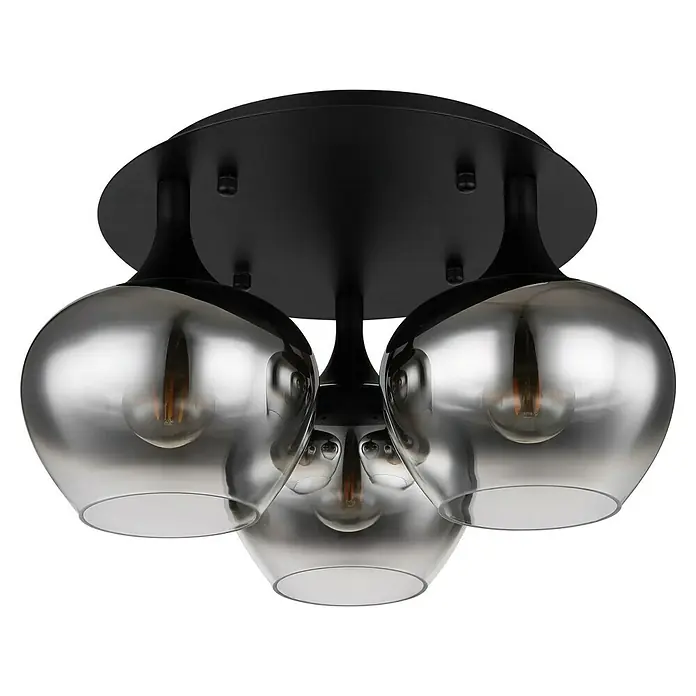 Globo Plafón Maxy - Ø x Al: 450 x 255 mm, Número de bombillas: 3 ud., E27, 40 W - Elegante lámpara de techo con tres pantallas de vidrio ahumado y montura negra para iluminación ambiental.