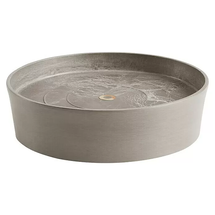 Ecopots Amsterdam Blumentopf-Untersetzer mit Rollen - Außenmaß (Ø x H): 28,7 x 8,3 cm, Kunststoff, Braungrau - Runde, hellgraue Duschwanne oder Waschbecken in Betonoptik mit strukturierter Oberfläche und mittigem Metallablauf.