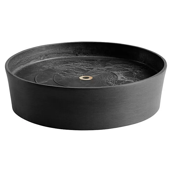 Ecopots Amsterdam Blumentopf-Untersetzer mit Rollen - Außenmaß (Ø x H): 28,7 x 8,3 cm, Kunststoff, Dunkelgrau - Strukturierte schwarze runde Kunststoff-Untersetzschale für Blumentöpfe mit goldenem Ring.