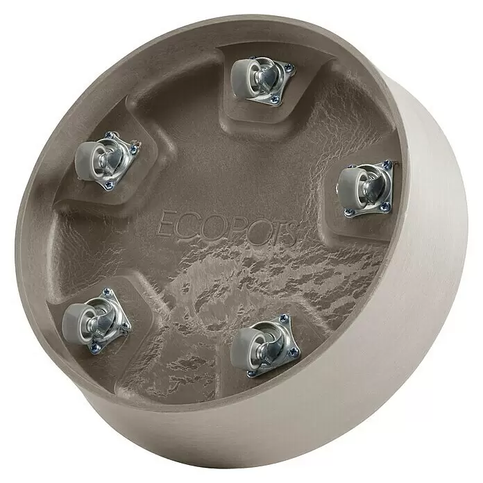 Ecopots Amsterdam Blumentopf-Untersetzer mit Rollen - Außenmaß (Ø x H): 28,7 x 8,3 cm, Kunststoff, Braungrau - Runder hellbrauner Pflanzkübel-Untersetzer mit fünf grauen Rollen und "ECOPOTS"-Prägung unten zur einfachen Pflanzenbewegung.