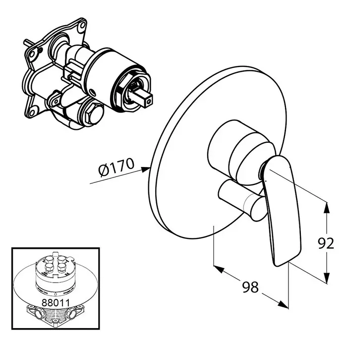 Kludi Balance UP-Badewannenarmatur - Chrom, Glänzend - Abbildung einer Unterputz-Armatur mit rundem Design. Durchmesser des Tellers beträgt 170 mm. Die Maße des Hebels sind 92 x 98 mm.